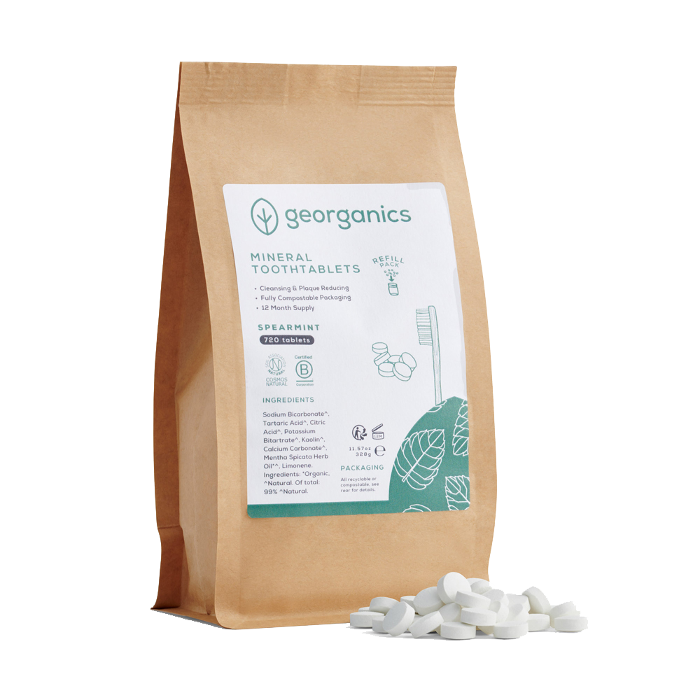 Recambio compostable con 720 pastillas dentífricas de hierbabuena – sin plásticos y sostenible.