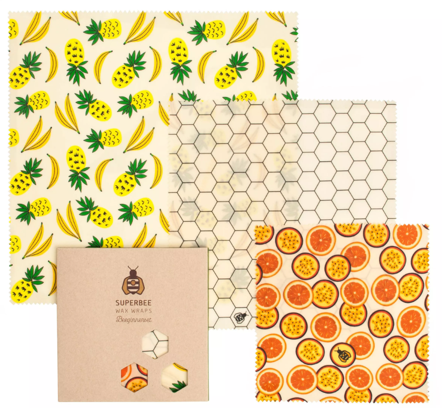 Envoltorios de cera de abeja reutilizable con diseño de frutas – alternativa sostenible al plástico. Pack de 3